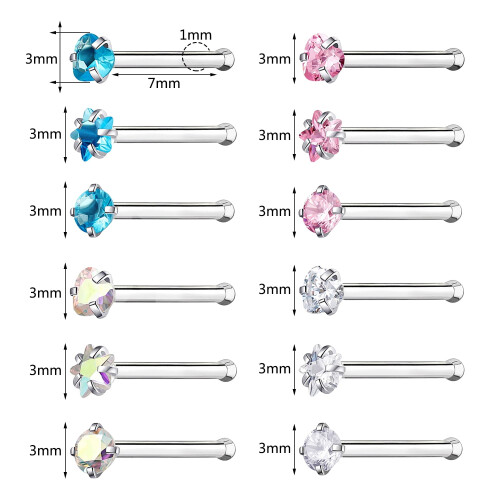 18 γρ. 12 τεμάχια/σετ. Piercing μύτης με σχήμα καρδιάς σε σχήμα αστεριού, στρογγυλό CZ, 1