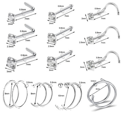 25 τεμάχια 20 γρ. Δαχτυλίδια μύτης CZ Crystal Corkscrew Σετ δαχτυλιδιών μύτης Stud, μύτη 1
