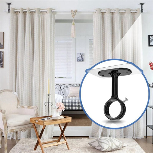 12 Pack No Drill Ceiling Mount Rod Brackets, Heavy Duty Self Adhesive Holders, Adjustable Hooks Hanging Black