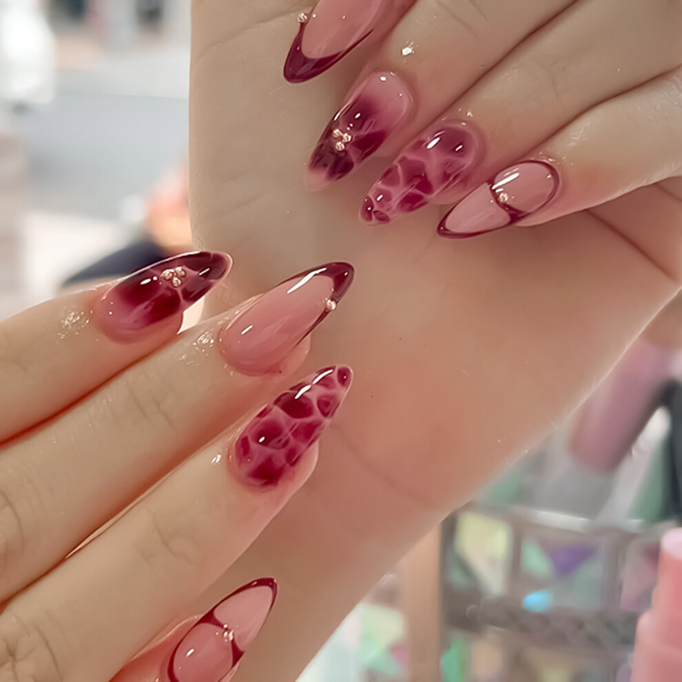 Creation-3C Gold Beaded Wine Red Fake Nails - 50 Char