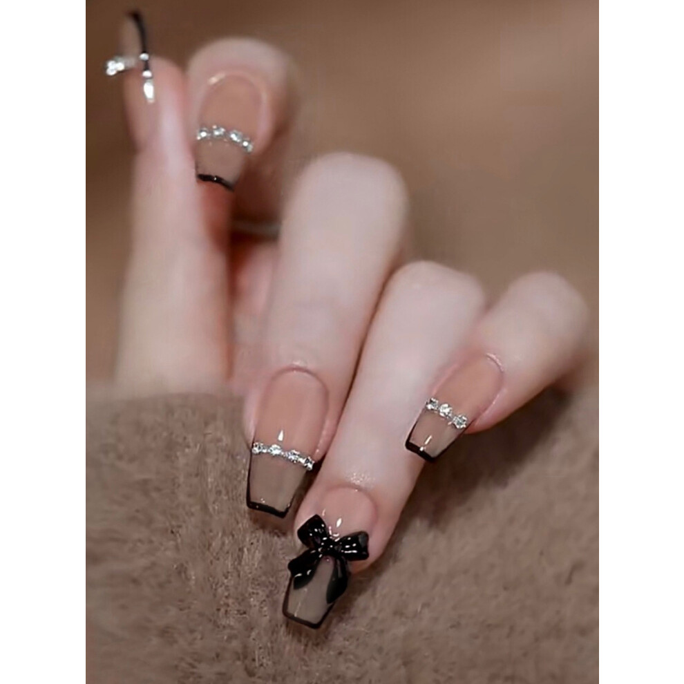 Roc-Electron (Jelly Glue Model) Pink Black Tip Fake Nails, Unbreakable Diy