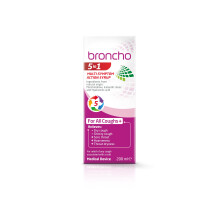 Broncho 5in1 Multi-Symptom Action Syrup (200ml) relieves all coughs and sore throat assosciated with a cold. Alcohol and sugar free