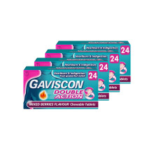 Gaviscon Double Action chewable tablets, Mixed Berries, 4-Pack - Fast Heartburn & Indigestion Relief, Convenient Sachets, Antacids for Effective Dige