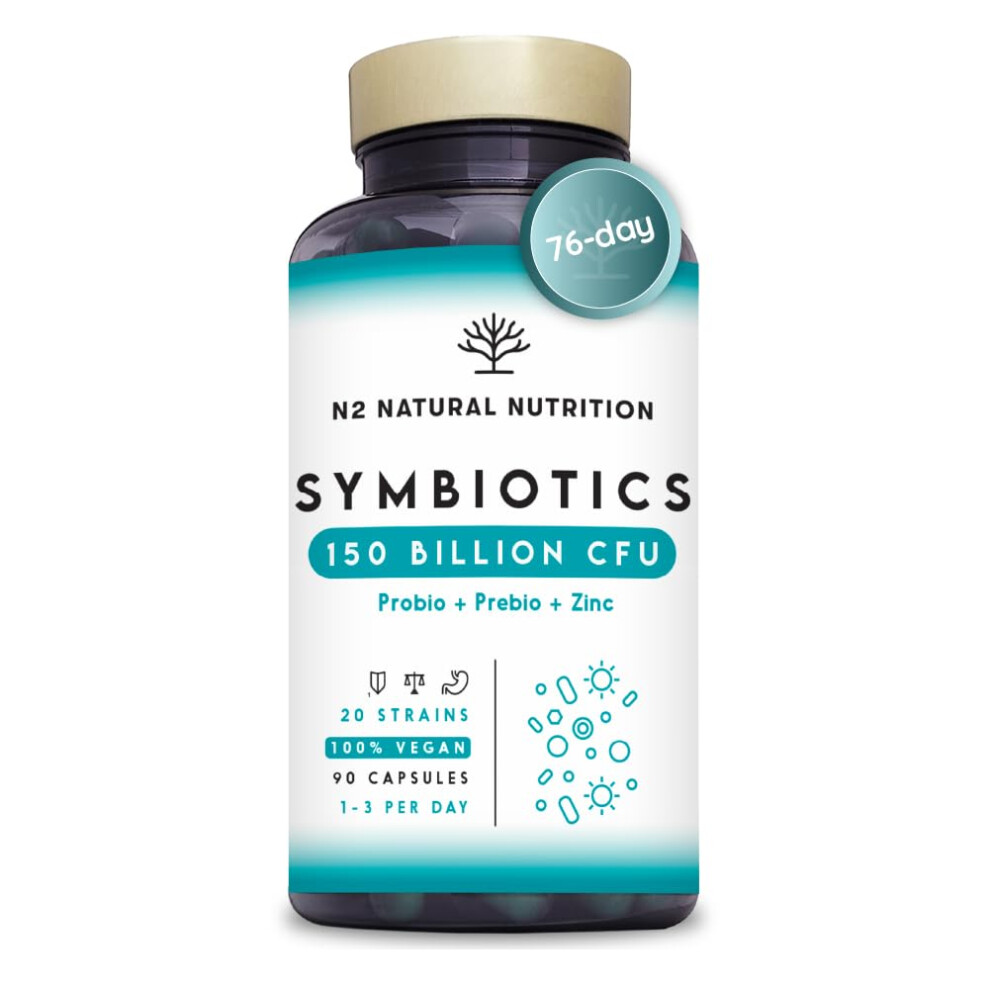 N2 Natural Nutrition Probiotics 150 Billion Cfu, 20 Multi Strains With Prebiotic, Inulin & Zinc. High Strength Vegan Supplement With Gastro Resistant Capsules For 76 Day