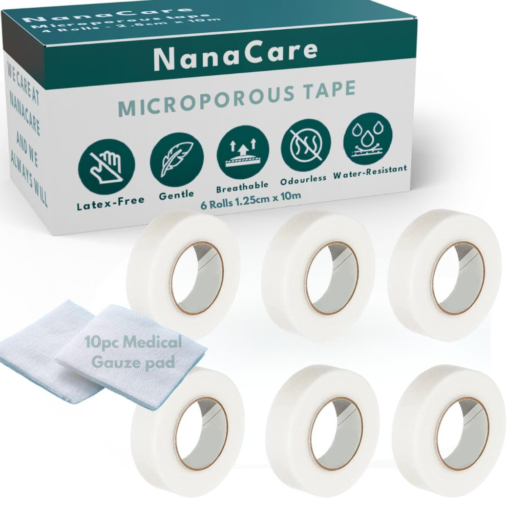 Nanacare Microporous Medical Tape Waterproof, 6 Rolls 1.25Cm X 10M + 10Pc Gauze Pads - Hypoallergenic Surgical Tape For Wound Care, Dressings & Face, First Ai