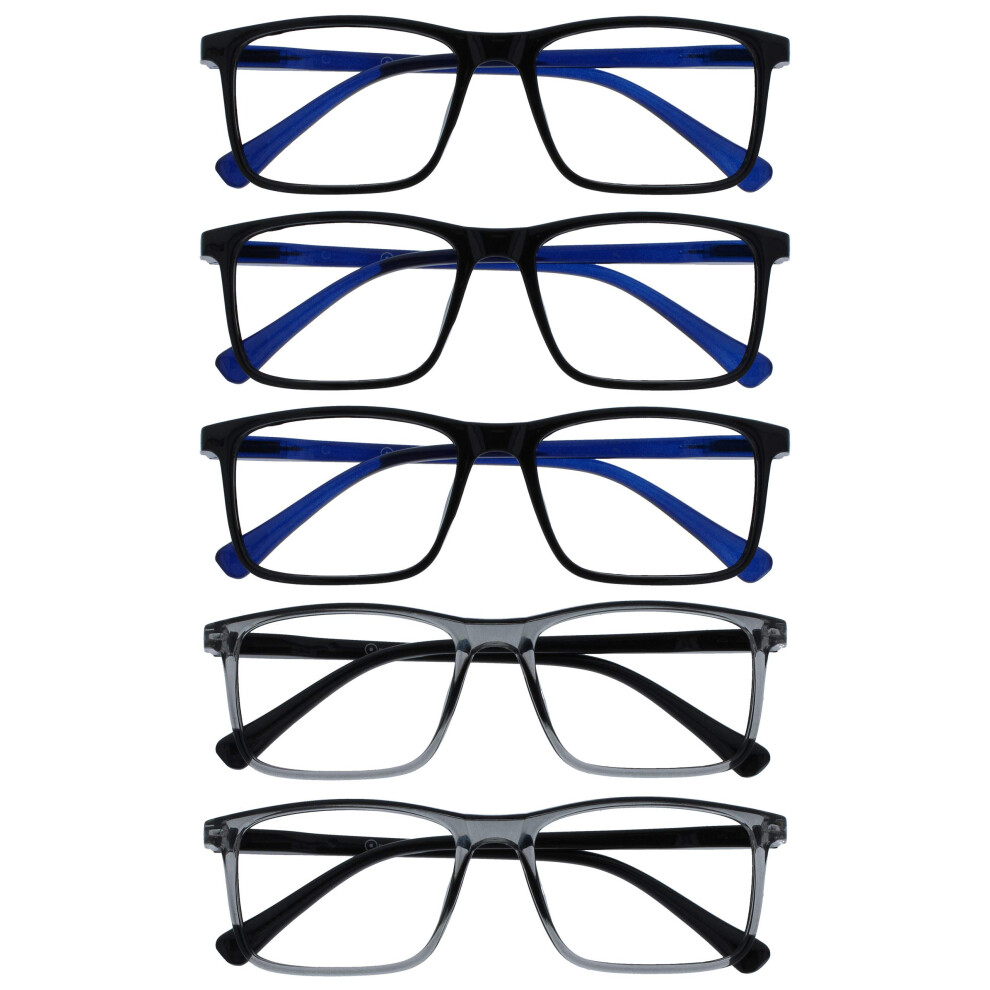 Opulize Ink Reading Glasses - Value 5 Pack - Large Rectangular Frame - Spring Hinges - Scratch Resistant - Black Grey - Mens Womens +2.50
