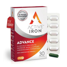 Active Iron Advance Supplement 25 mg - Clinically Proven to Increase Iron & Energy Levels - Gentle, Non-Constipating, Highly Absorbed - 30 Capsules,