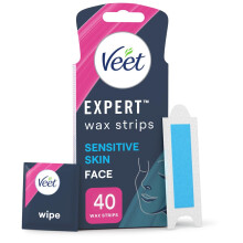 Veet Expert Facial Wax Strips for Women, 40 Count + 4 Finish Wipes, Sensitive Skin Remover with Almond Oil, Dermatologically Tested, Effective Face S