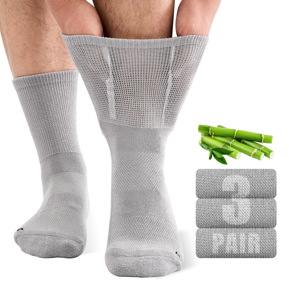 Sukmoden Grey Bamboo Diabetic Socks For Men, Soft Top Cushioned Seamless Socks For Swollen Feet And Ankles, Loose Top Hospital Socks 9-11