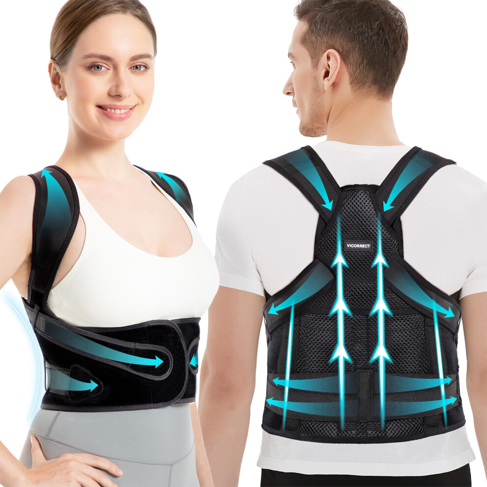 Vicorrect Black Posture Corrector For Women And Men: Back Brace Support - Shoulders Straightener Relieve Upper Back Pain (, Large)