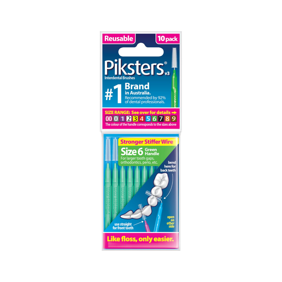 Piksters Interdental Brushes, 10 Pk, Size 6, Interdental Tooth Brush For Larger Gaps, Gum Soft Bristles For Plaque Removal, Safe For Braces