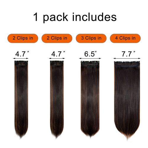 4 τεμάχια ίσια extensions μαλλιών με κλιπ, 11 κλιπ, 18/24", σκούρο καφέ, 260 γρ./σετ 2