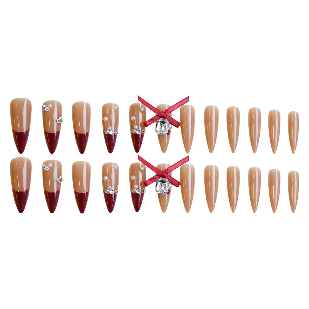 Hue-Grain Wine Red Tip Fake Nails - Easy Apply (50 Char)