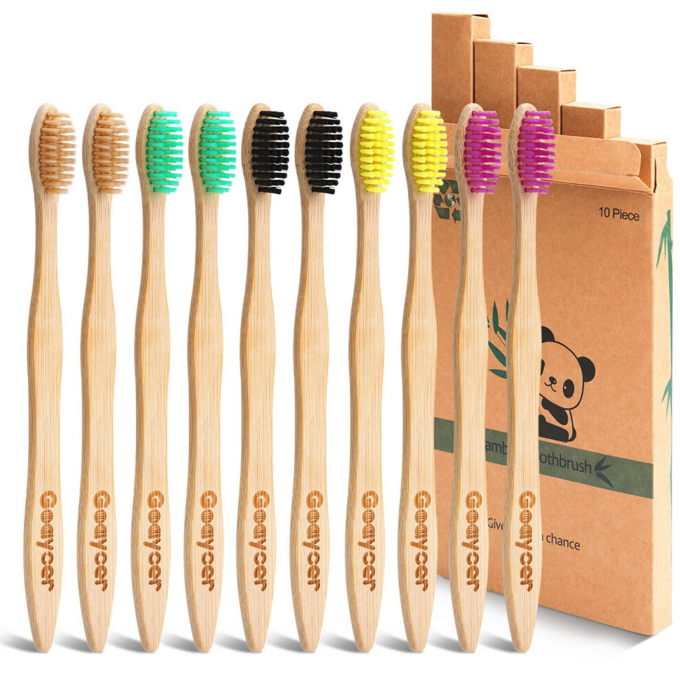 Goaycer Bamboo Toothbrushes Medium Bristles - Family 10 Pack Eco Friendly Biodegradable Organic Premium Wooden Toothbrush