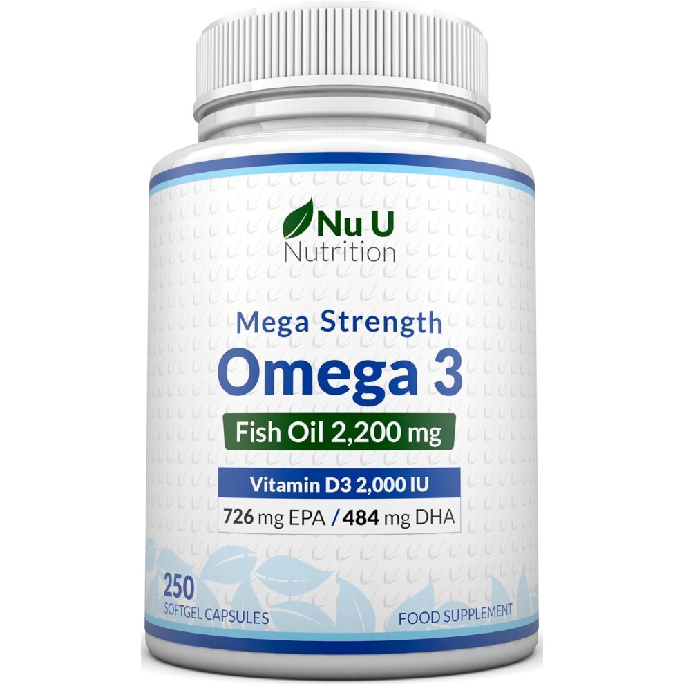 Nu U Nutrition - Omega 3 2200Mg & Vitamin D3 2000Iu - 250 Softgel Capsules - 726Mg Epa & 484Mg Dha Per Serving - Alternative To Cod Liver Oil Capsule