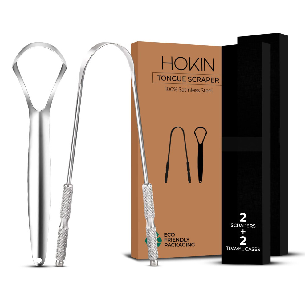 Hokin Tongue Scraper For Adults By (2Pcs Oral Care Pack) Stainless Steel