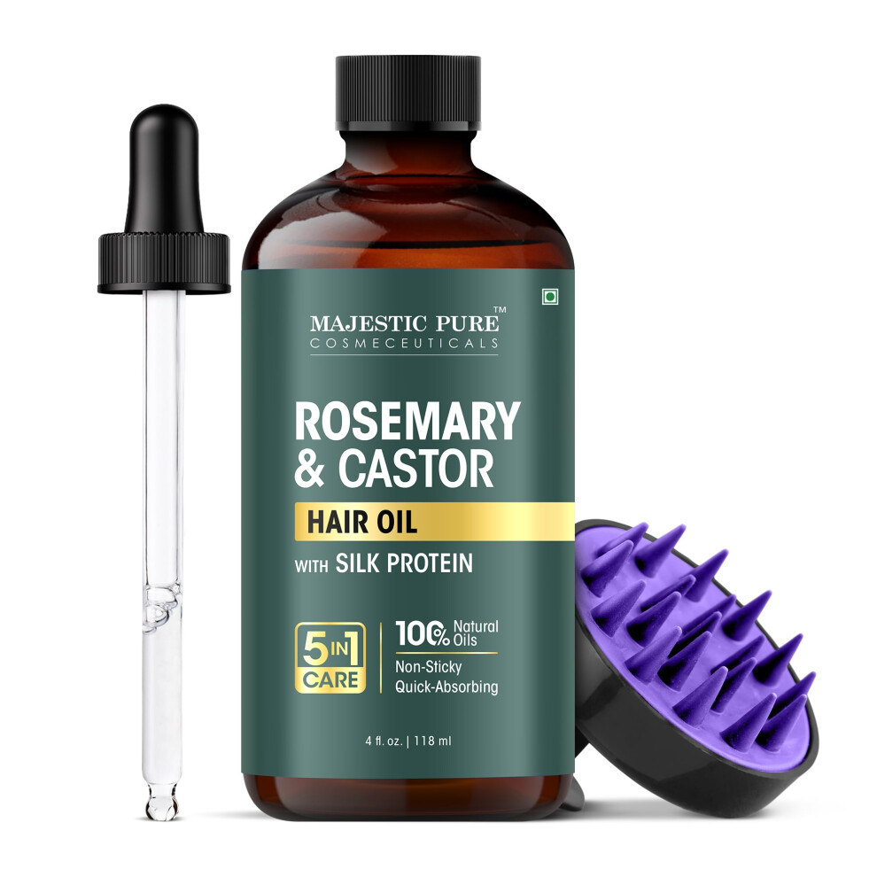 Majestic Pure 100% Pure Rosemary & Castor Oil With Biotin For Hair Care, Strengthening, Nourishing, And Volumizing Formula With Jojoba Oil And Castor