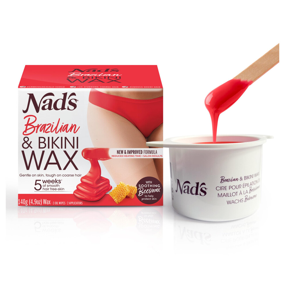 Nad's Brazilian & Bikini Wax Kit, Strip Free Hard Wax, Intimate Waxing Kit, Includes 3 Wooden Spatulas, 3 X Oil Wipes & Hot Wax 140G