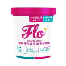 Flo Organic Cotton Non-Applicator Tampons Combo Pack – Absorbent, Soft - 8 Regular & 8 Super Tampons - 16 Tampons