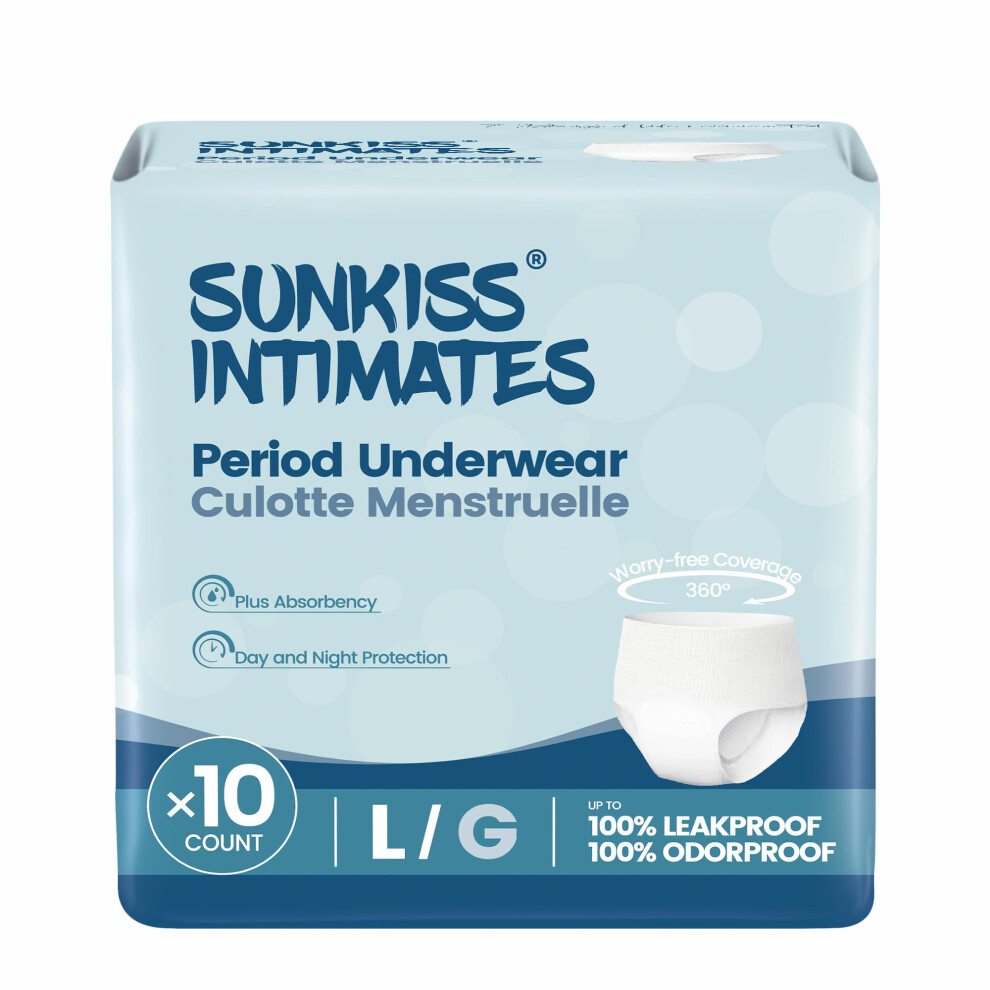 Sunkiss Intimates White Disposable Period Pants For Women With Heavy Flow, Unscented Postpartum Underwear, Large, 10 Count