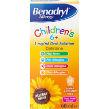 Benadryl Allergy Relief for Children 6+ Years (1 x 60ml), Tutti Frutti Flavour Syrup, Sugar & Colour Free with Cetirizine, Long-Lasting All-Day Relie