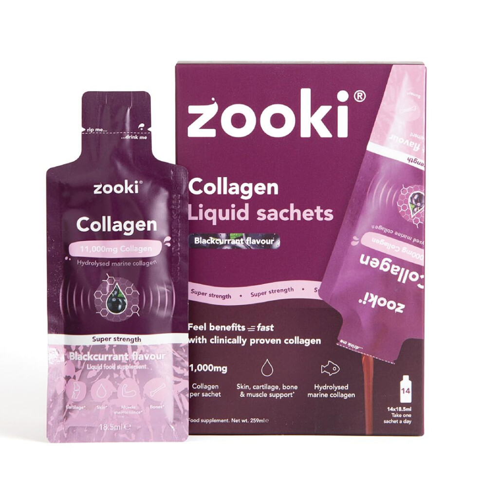 Zooki 11,000Mg Super Strength Marine Collagen Liquid Sachets | Hydrolysed Peptides | Ultimate Skin, Hair, Nails, Joints, Bones & Muscles Support (Bla
