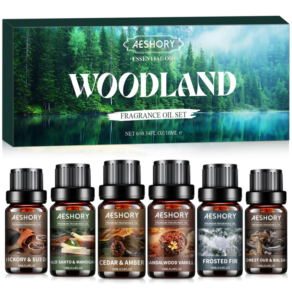 Aeshory Woodland Essential Oils Set 6 X 10Ml, Natural Scented Oils For Diffuser - Sandalwood & Vanilla, Forested Fir, Palo Santo & Mahogany, Cedar &