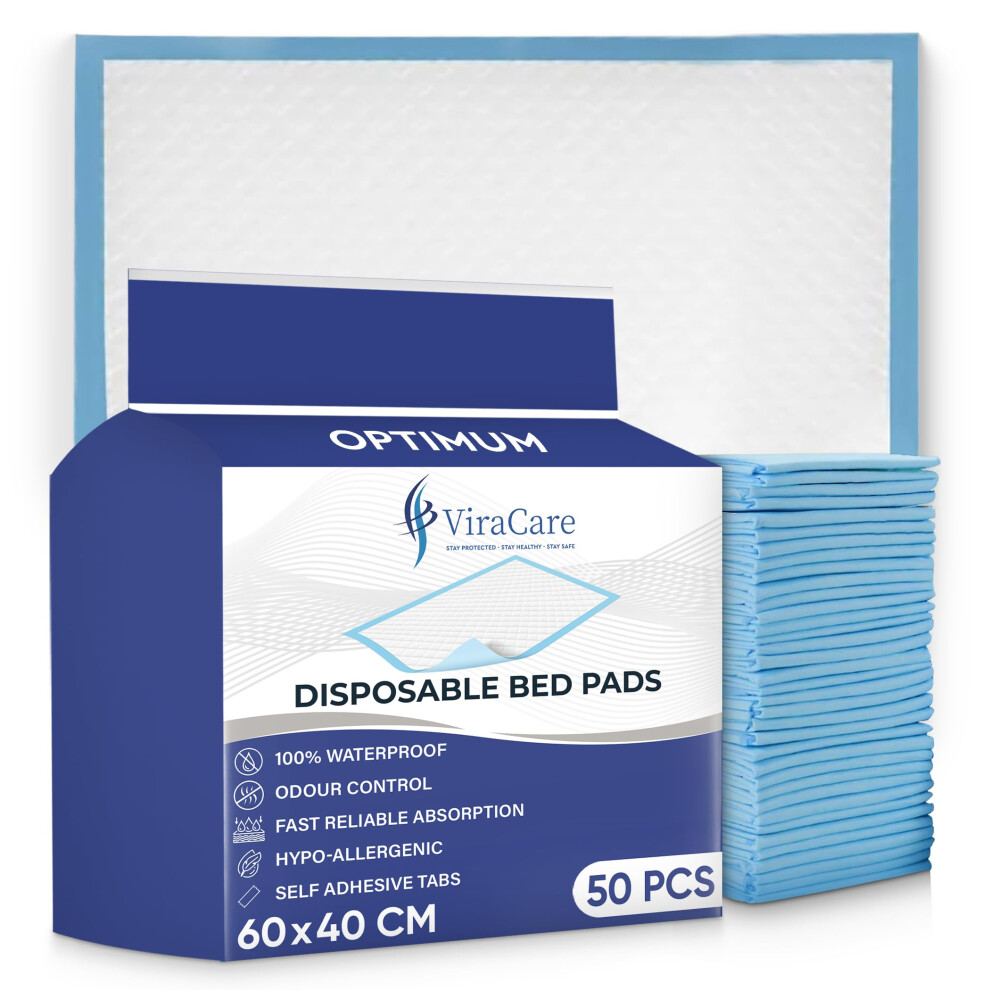 Viracare 50 X Optimum Incontinence Bed Pads | 60 X 40 Cm | Incontinence Bed Sheets | Disposable Mattress Protector | Self Adhesive Tabs | Absorbent Pads | (1