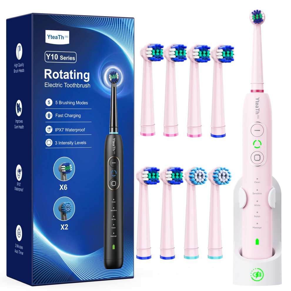 Yteath Pro Rotating Electric Toothbrush With 8 Brush Heads For Adults And Kids, 3 Intensities 5 Modes, Wireless Wall Charging Station, Sonic Toothbrush With 2-M