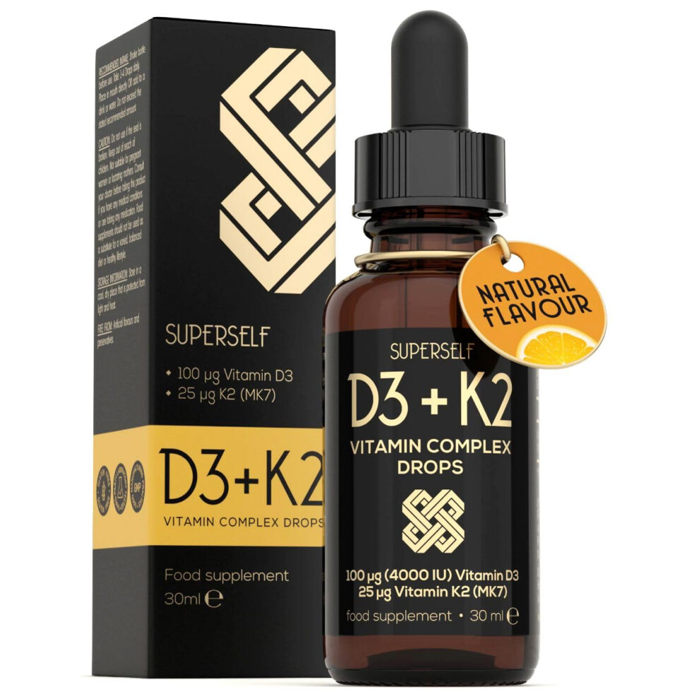 Superself Vitamin D Drops - Vitamin D3 K2 Liquid For Adults & Kids - Immunity, Bones & Muscle Support - High Strength Vegetarian Vit D 4000Iu & Vitamin K2 25Mc