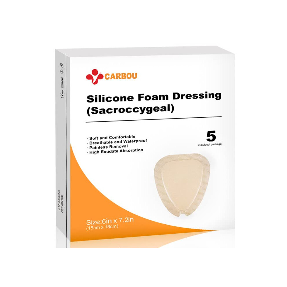 Carbou Wound Dressing Sacrum Silicone Foam Dressing With Adhesive Border, 6''X7'' Waterproof Sacral Pad For Sacrum,Butt Bed Sore,Pressure Ulcer,High
