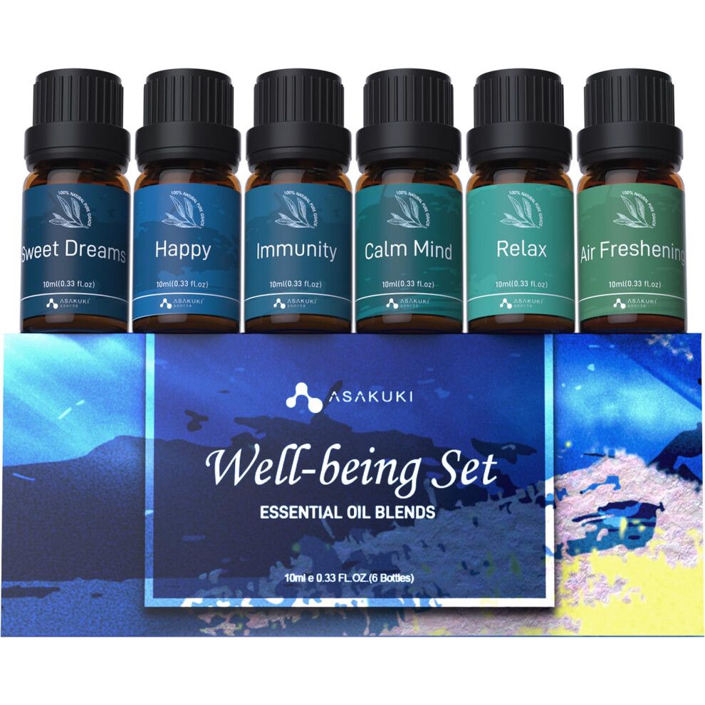 Asakuki Essential Oil Blends Gift Set | 6X10ml Well-Being Oils For Diffusers, Relaxation & Sleep | Calm Mind, Sweet Dreams, Happy, Relax, Air Freshen