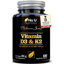 Nu U Nutrition - Vitamin D3 4000 IU and Vitamin K2 MK7 100μg - 150 Vegetarian Capsules - 5 Month Supply - High Strength Vitamin D K2 Supplement - Mad