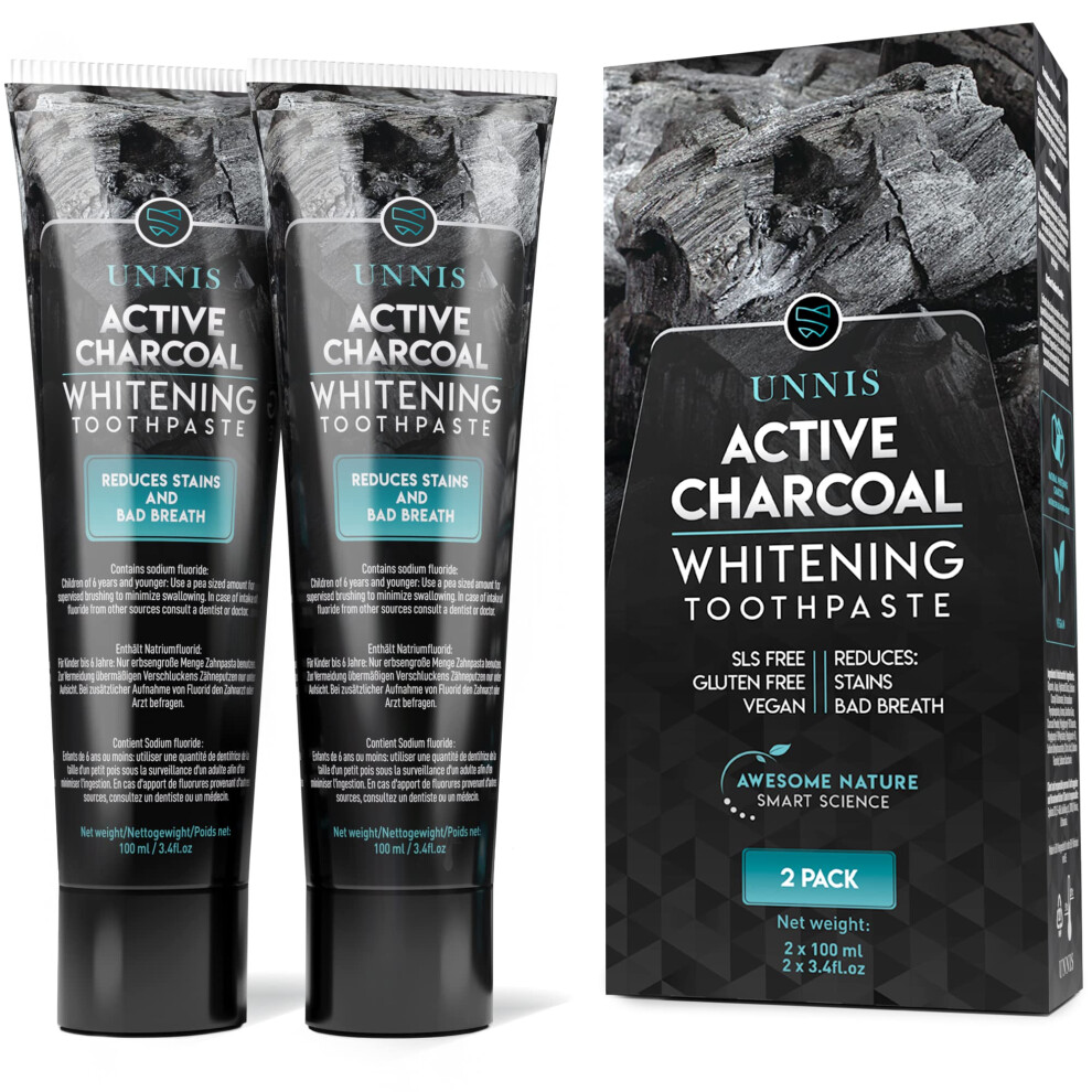 Unnis Activated Charcoal Teeth Whitening Toothpaste 2 Pack Active Natural Teeth Whitening Toothpastes Stain Removal Tooth Whitener Kit For White Teeth Safe
