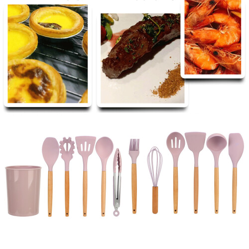 12-Piece Silicone Kitchen Utensils Wooden Handle