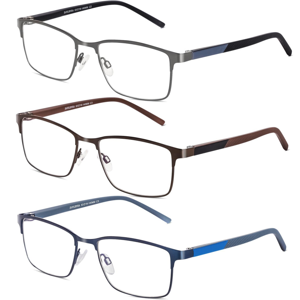 Djolensa 3 Pack Reading Glasses For Men, Blue Light Blocking Computer Readers, Metal Frame Spring Hinge Eyeglasses With Pouches, Anti Eyestrain/Glare