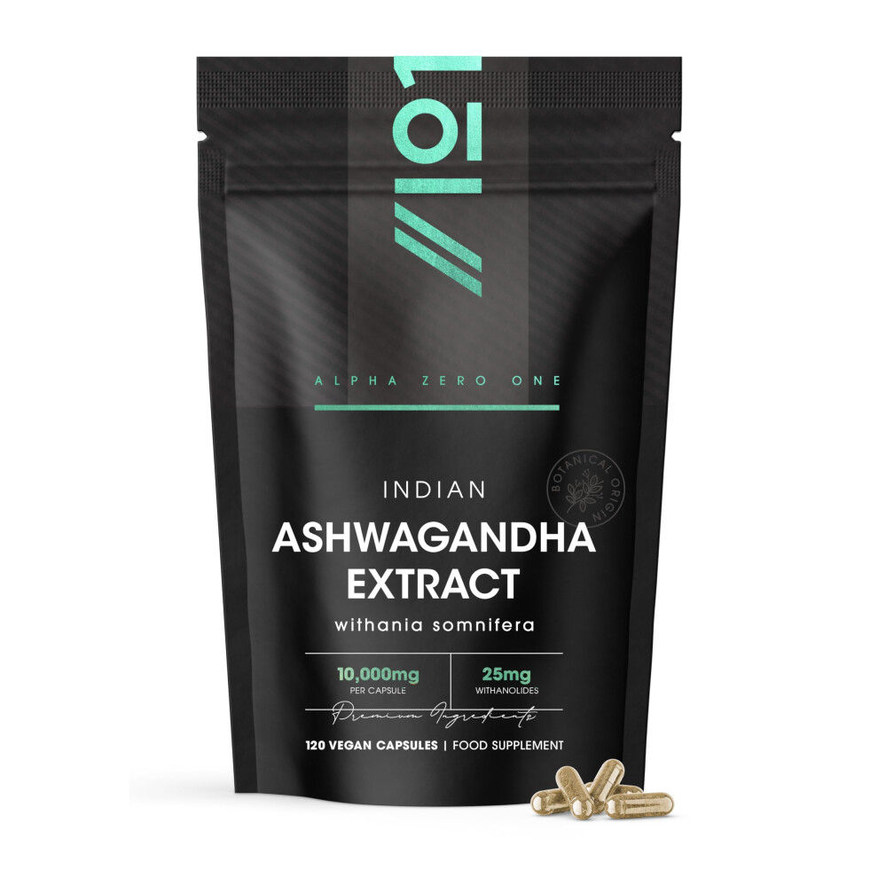Alpha01 Black Ashwagandha Extract 10,000Mg - 5% Withanolides (25Mg) - 120 Vegan Capsules - Made With Bioperine Pepper For Higher Bioavailability (4 Month Su
