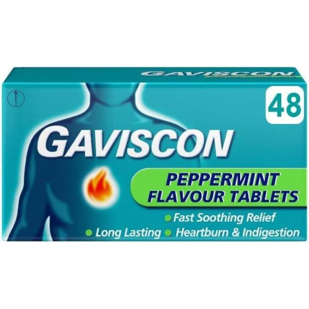 Gaviscon Peppermint Heartburn & Indigestion Relief 48 Tablets | Fast|Acting Soothing Formula