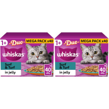 WHISKAS - 1+- Adult Wet Cat Food Pouches - 40 x 85 g - Surf and Turf in Jelly - Bulk Cat Food Megapack - 40 Pouches (Pack of 2)