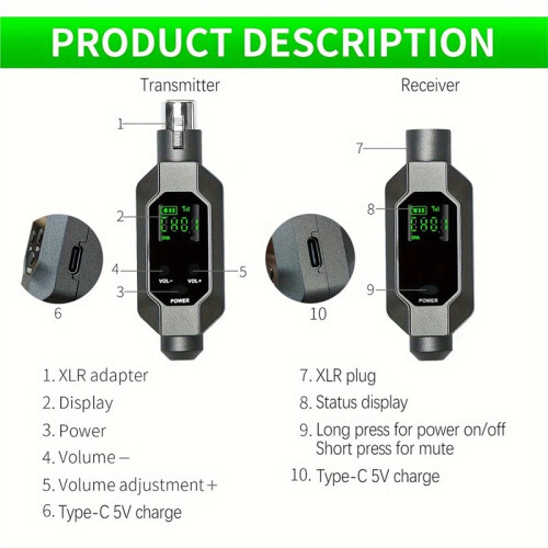 Wireless Microphone Converter XLR Transmitter and Receiver Microphone Wireless System for Dynamic Microphone A