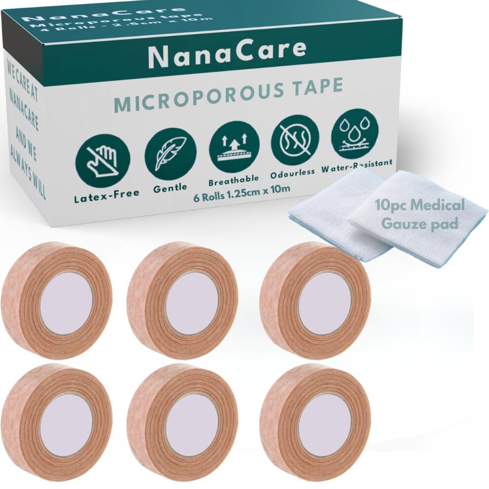 Nanacare Microporous Medical Tape Waterproof, 6 Rolls 1.25Cm X 10M + 10Pc