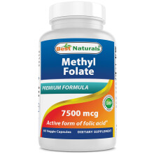 Best Naturals Methyl Folate 7500 mcg (7.5mg) (Most Bio-AVAILABLE) Veggie Capsule - Supports Cell Formation Growth Function, Brain, Memory, Cardiovasc