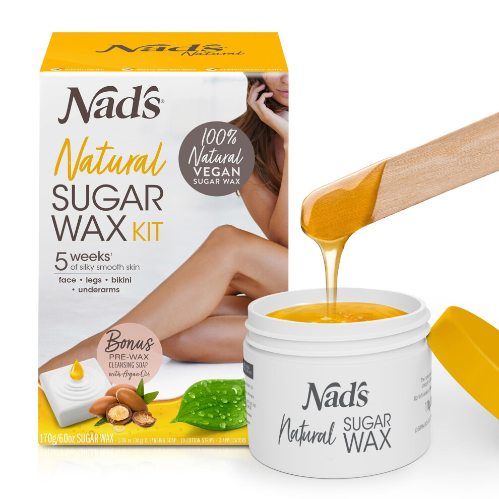 Nad's 100% Natural Sugar Wax Kit, Vegan, Hypoallergenic, No-Heat Formula Waxing Sugar Paste, Includes 6 Wooden Spatulas, 10 Reusable 100% Cotton Stri