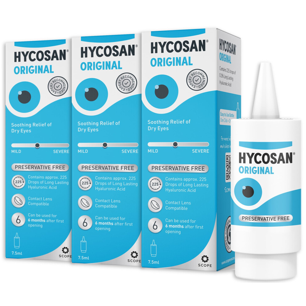Hyco San Hycosan Original - Triple Pack - Preservative Free Eyedrops - Sodium Hyaluronate 0.1% - Eye Drops For Mild To Moderate Dry Eye Symptoms And Contact L