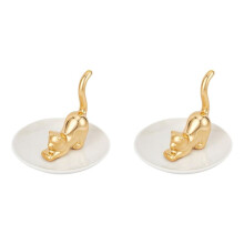 2X Cats Posture Ring Holder Golden Kitty Tail Dish Jewelry Tray Ring Round Dishes Trinket Tray Ceramic Jewelry Storage