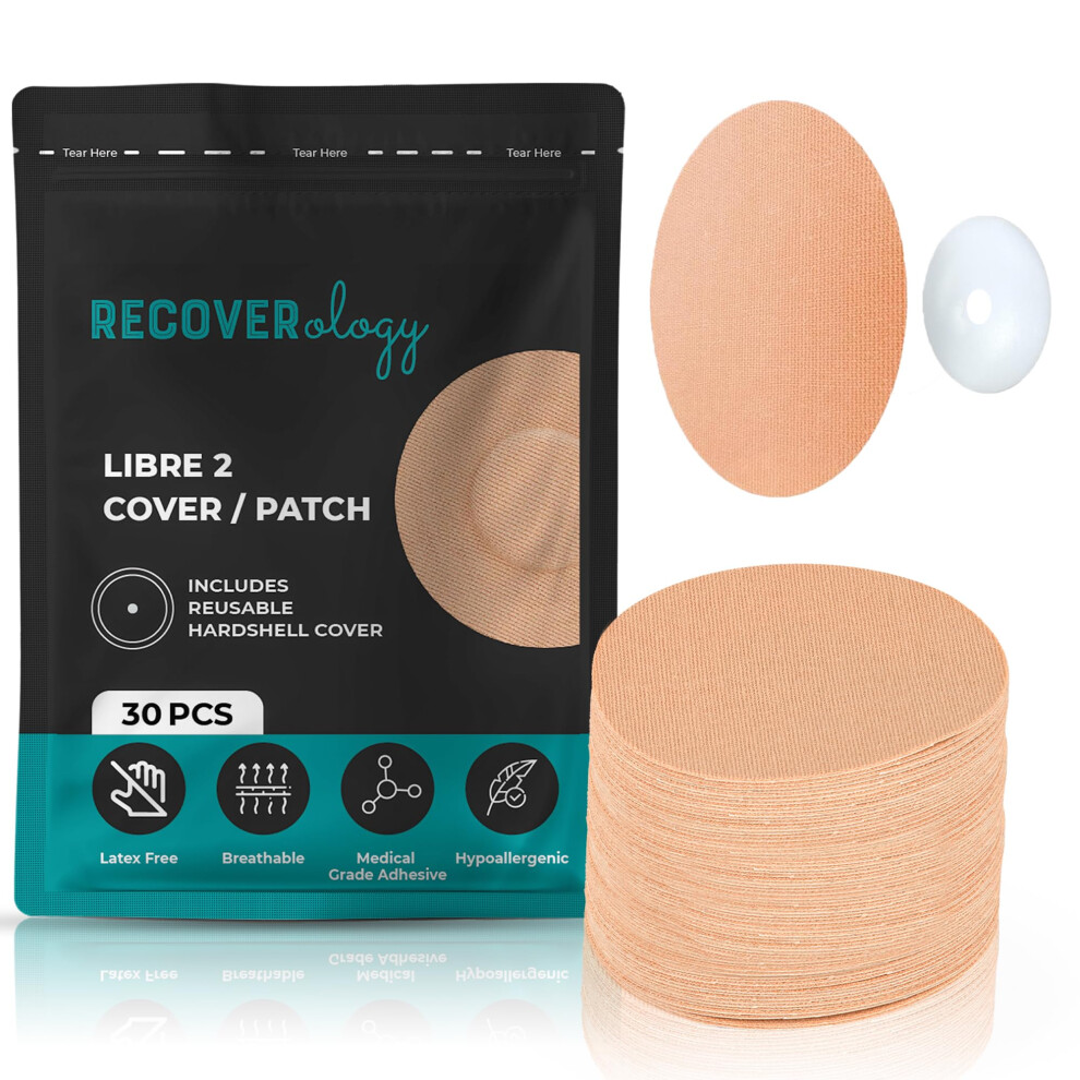 Recoverology Freestyle Libre 2 Sensor Covers | Waterproof Adhesive Patches For Cgm | Pack Of 30 With 1 Reusable Hardshell Cover | Breathable & Sweatproof Suitable