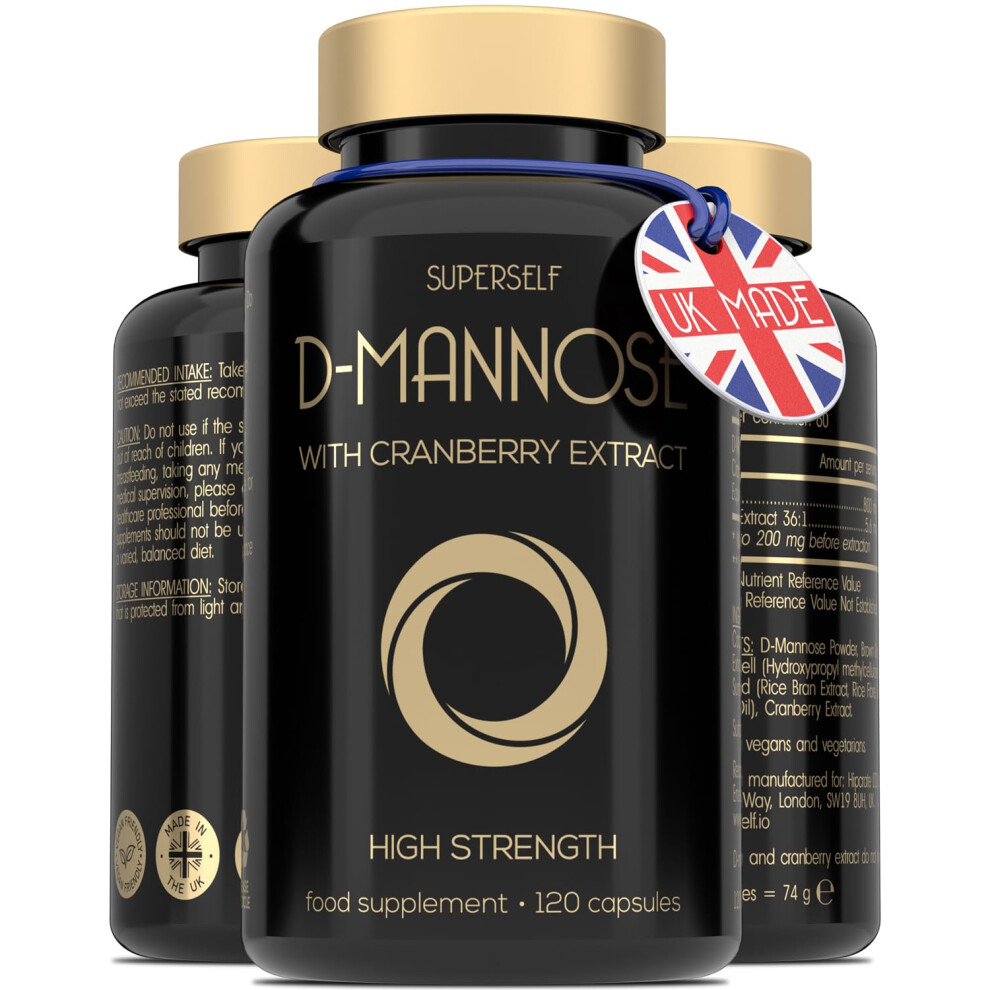 Superself D-Mannose With Cranberry Capsules - 1000Mg D Mannose & Cranberry High Strength - Natural Daily Balance Routine - Easy To Swallow 120 Tablets - Uk Mad