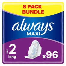 Always Maxi Sanitary Towels with Wings, Size 2, Long, 96 Towels (12 x 8 Packs),