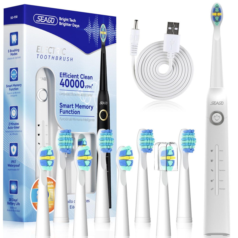 Seago Electric Toothbrush Rechargeable Toothbrush For Adults Sensitive Teeth 8 Brush Heads