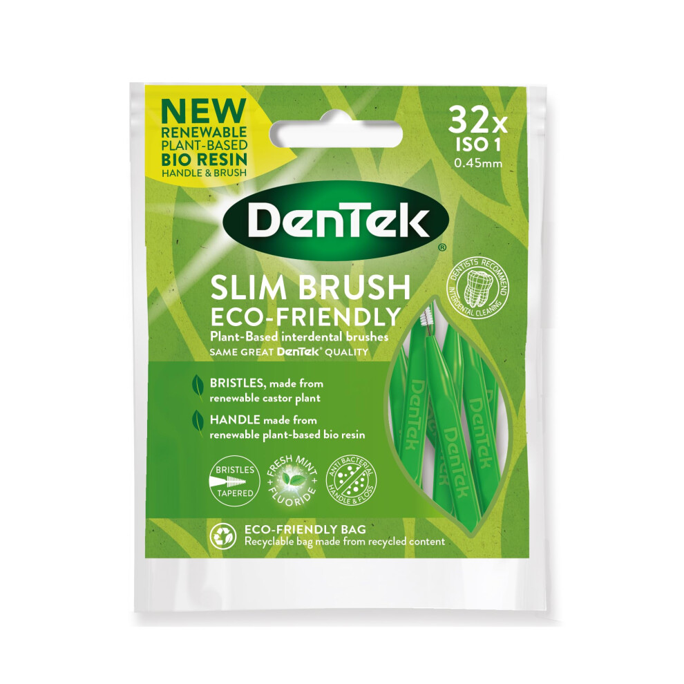 Dentek Eco Slim Brush Mint Flavoured Interdental Brushes (Iso1) For Cleaning Between Tight Teeth, Removing Food And Plaque, 32 Pack.